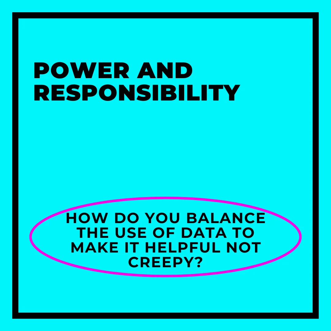 Blue square image with Hyper-Personalisation with AI - Power and Responsibility - How do you balance the use of data to make it helpful not creepy?
