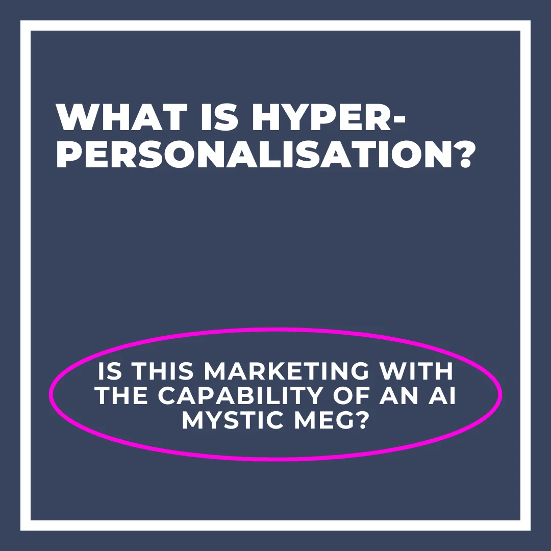 Blueish grey Square image with What is hyper-personalisation - Is this marketing with the capability of an AI Mystic Meg?